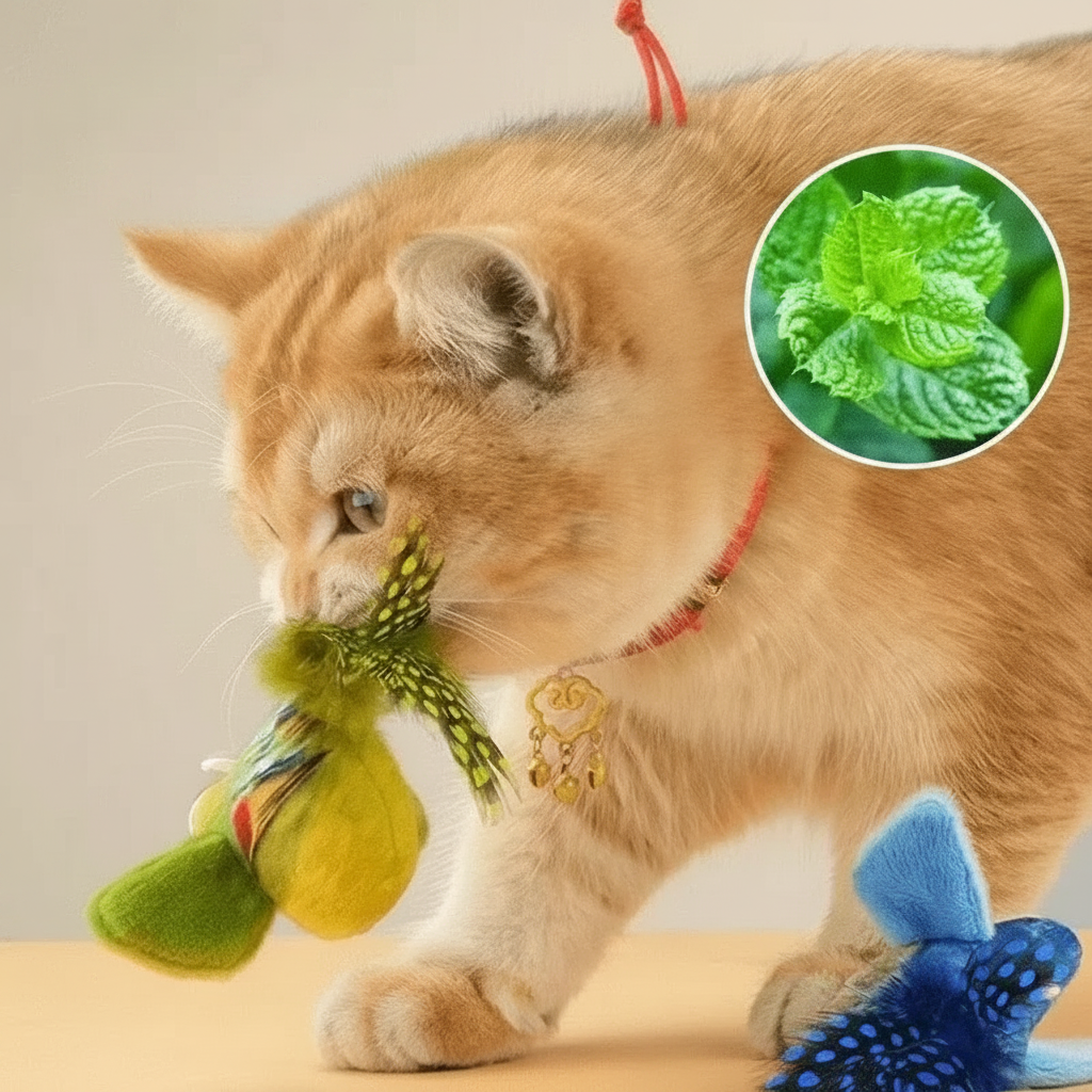 Chat roux avec jouet oiseau et herbe à chat