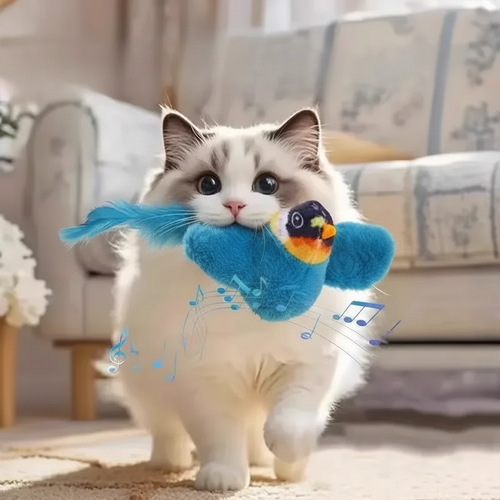Chat jouant avec jouet oiseau bleu Chatmallow