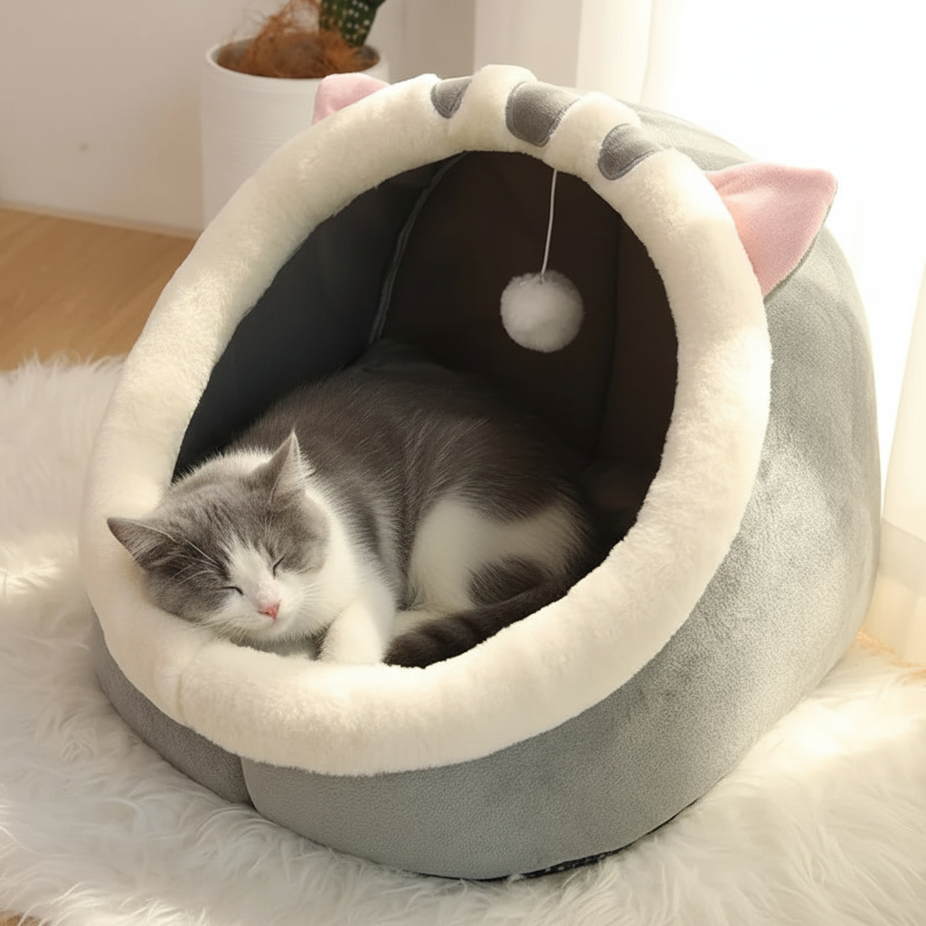 Niche pour chat - chat endormi à l'intérieur