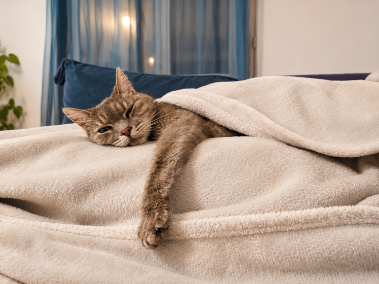 Minette confortablement installée sous une couverture dans la maison