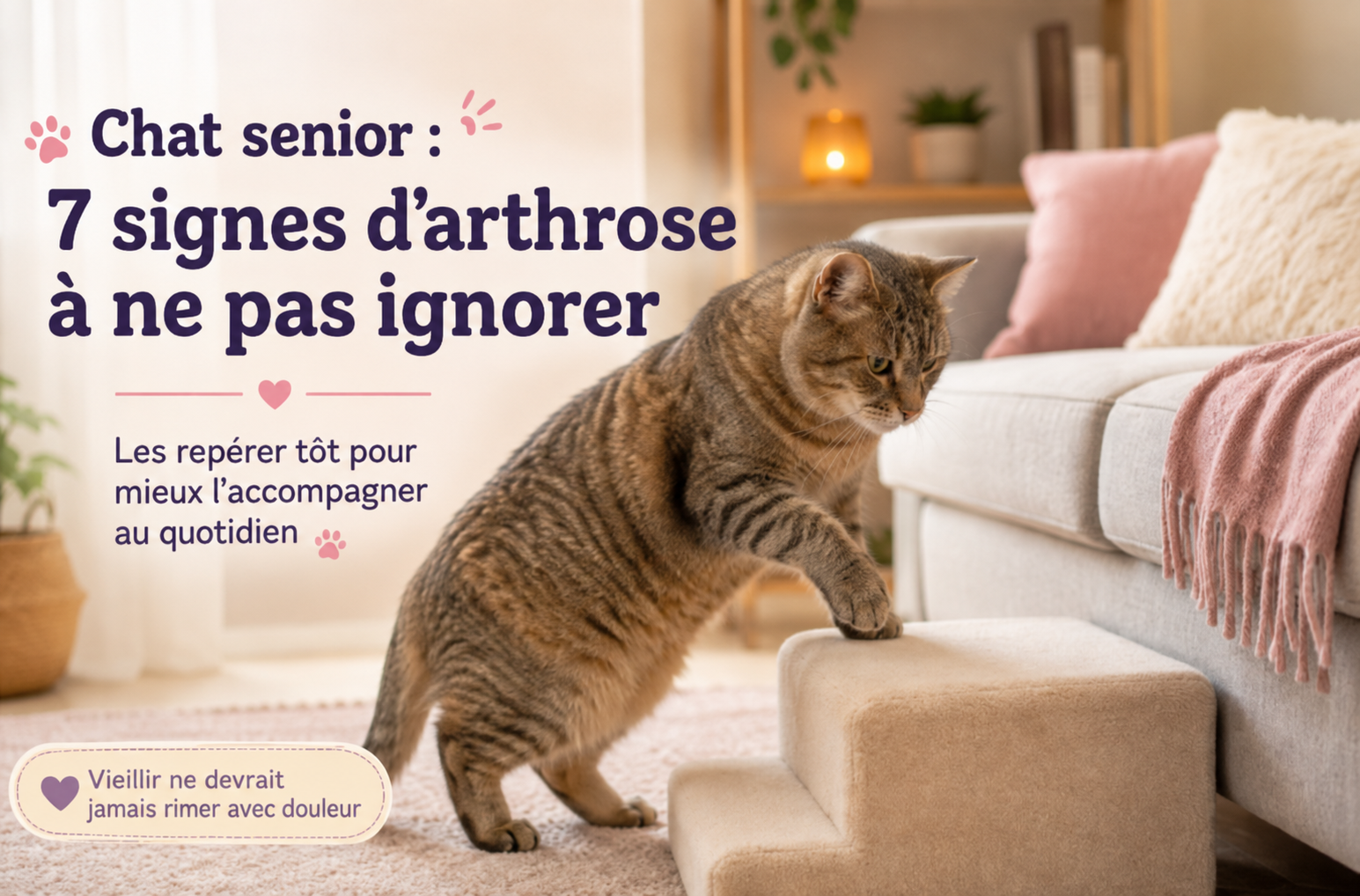 Chat senior ayant des difficultés à monter une petite marche près du canapé