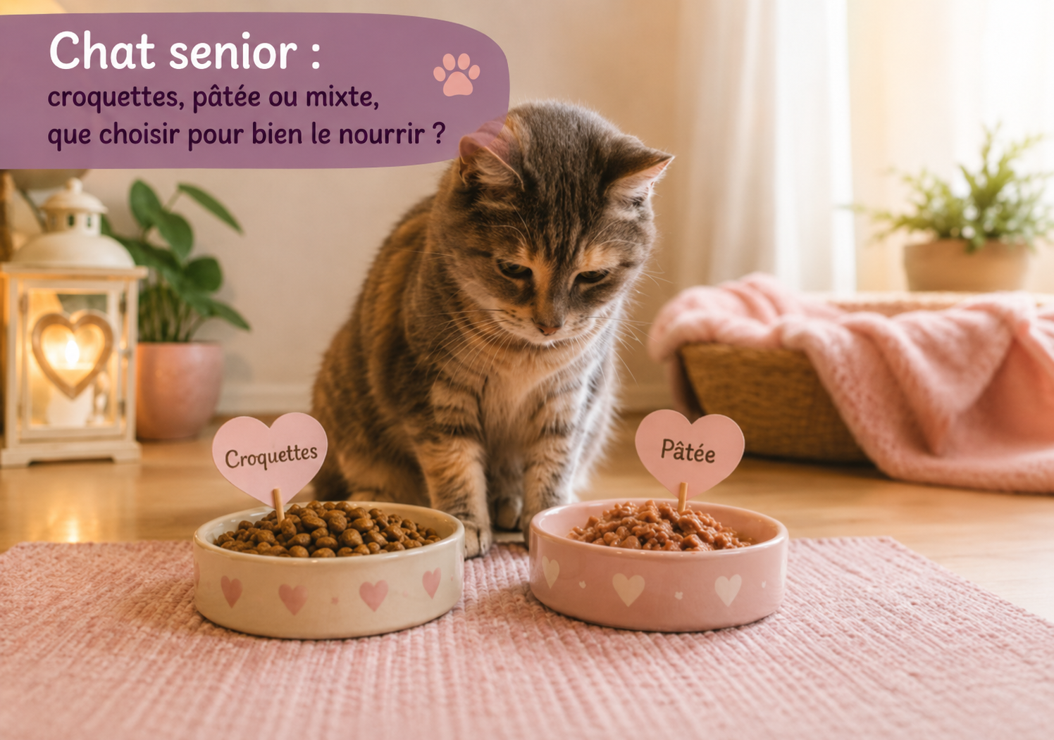 Chat senior devant deux gamelles de croquettes et de pâtée
