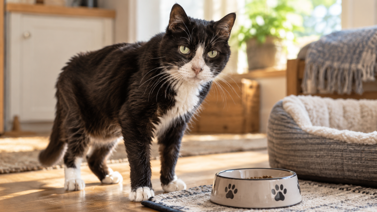 Chat senior noir et blanc debout près de sa gamelle dans une maison.