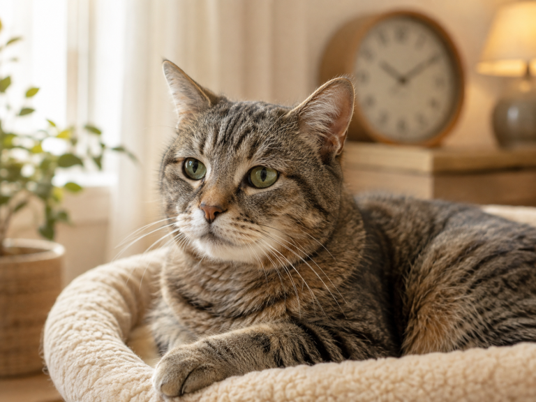 Chat senior tigré installé dans un panier confortable