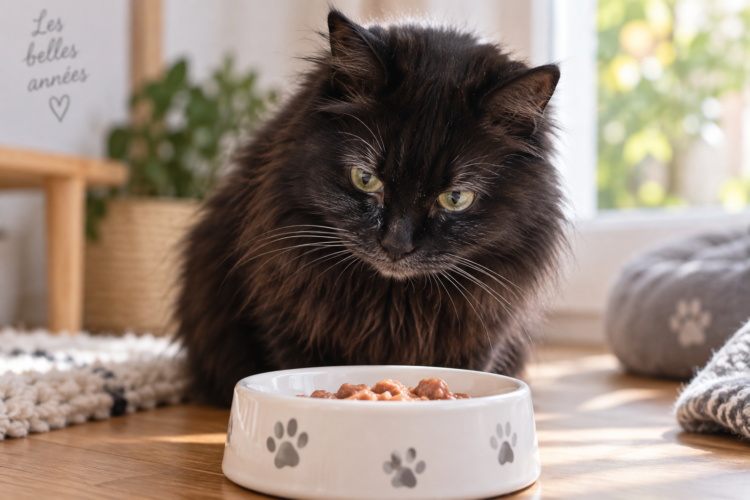Chat senior noir à poil long devant une gamelle de pâtée dans un intérieur lumineux.