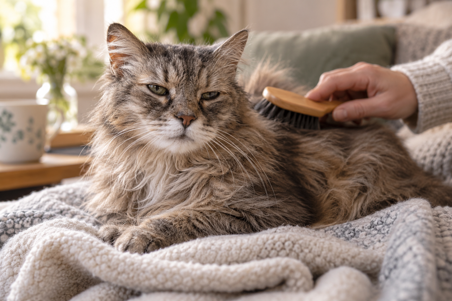 Chat senior à poils longs allongé sur une couverture pendant qu’une main le brosse doucement