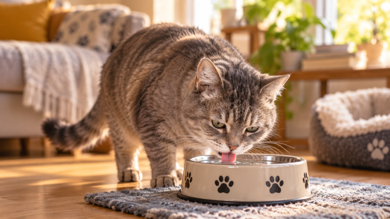Chat senior buvant de l’eau dans une gamelle