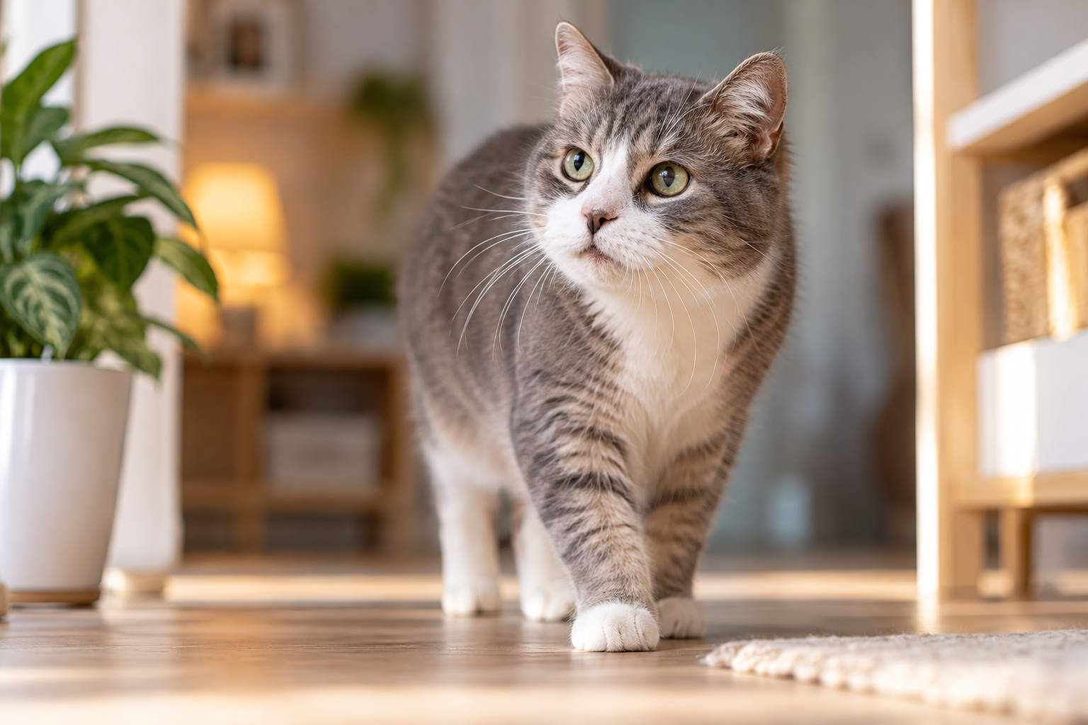 Chat senior gris et blanc marchant dans un intérieur chaleureux