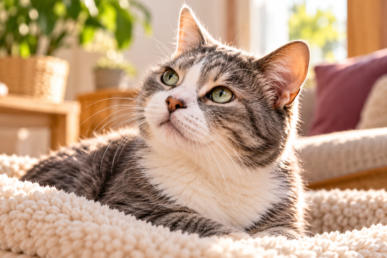 Chat senior gris et blanc allongé sur une couverture douce, regardant attentivement sur le côté, pour illustrer la baisse d’audition chez le chat âgé.